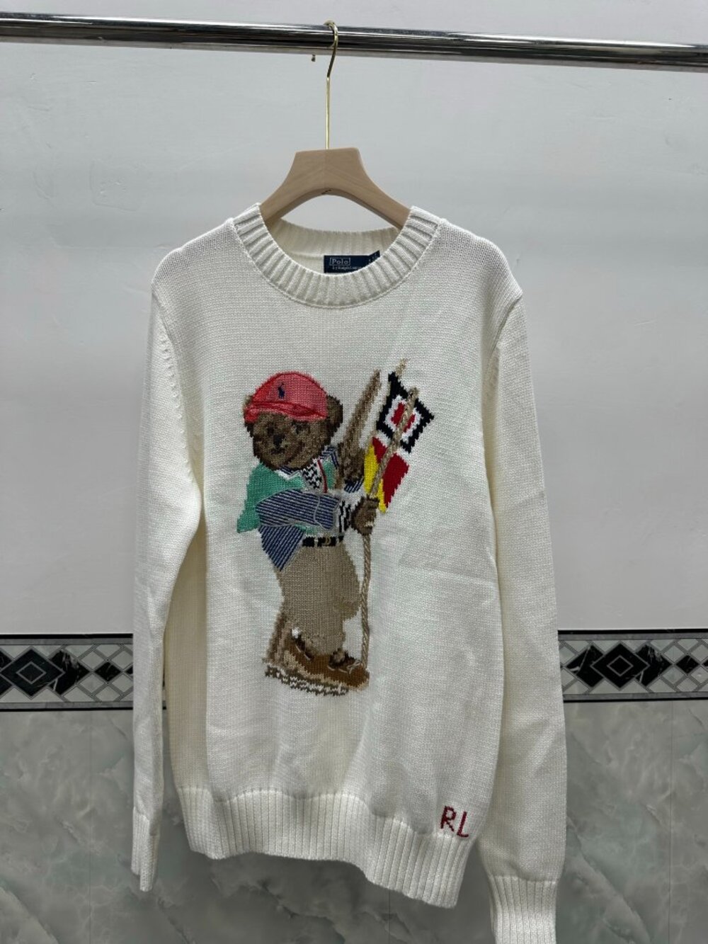 Polo Ralph Lauren Off White Nautical Polo Bear Crewneck Knit Sweater